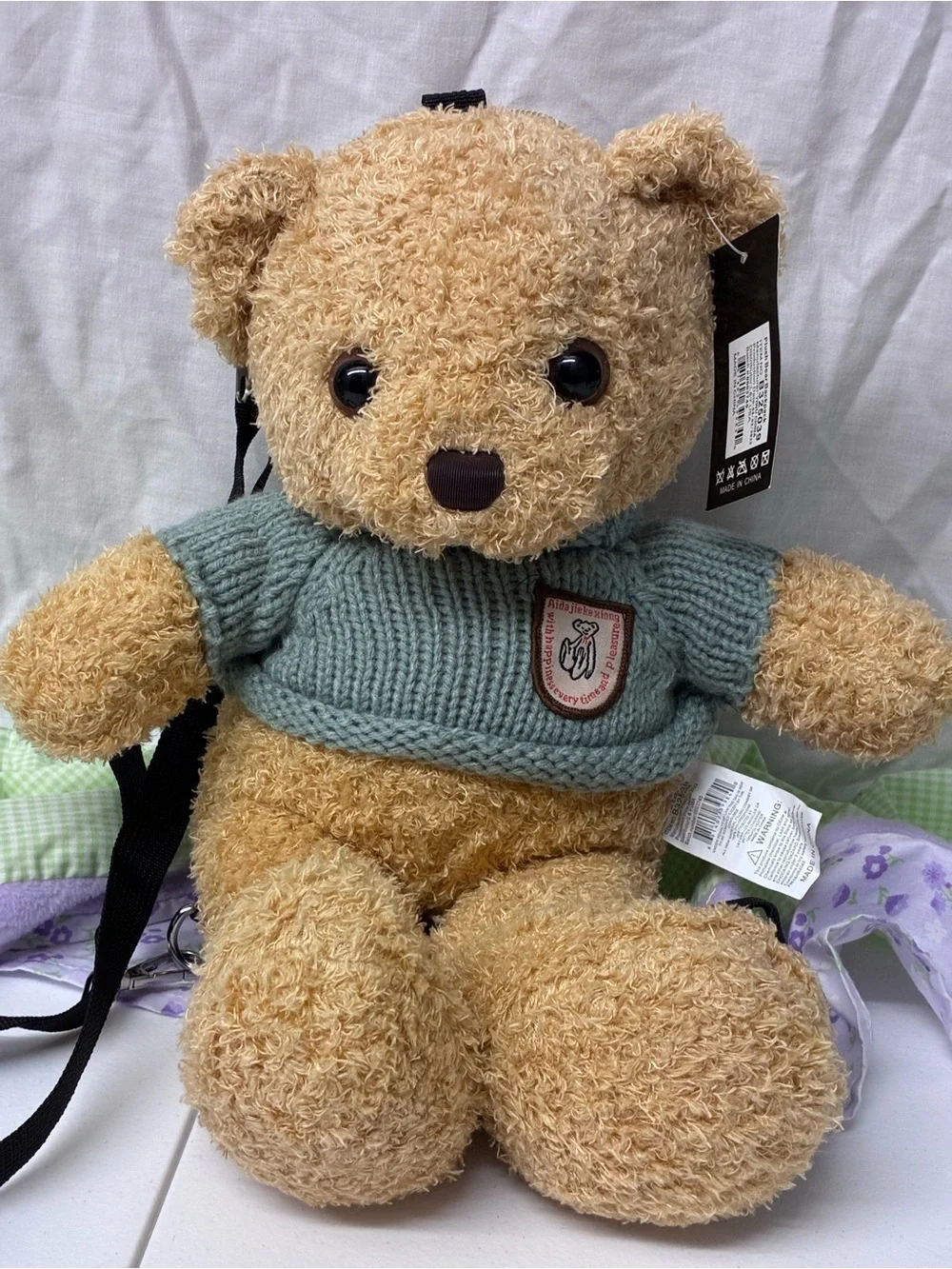 Plush Teddy Kids Backpack with Green Sweater